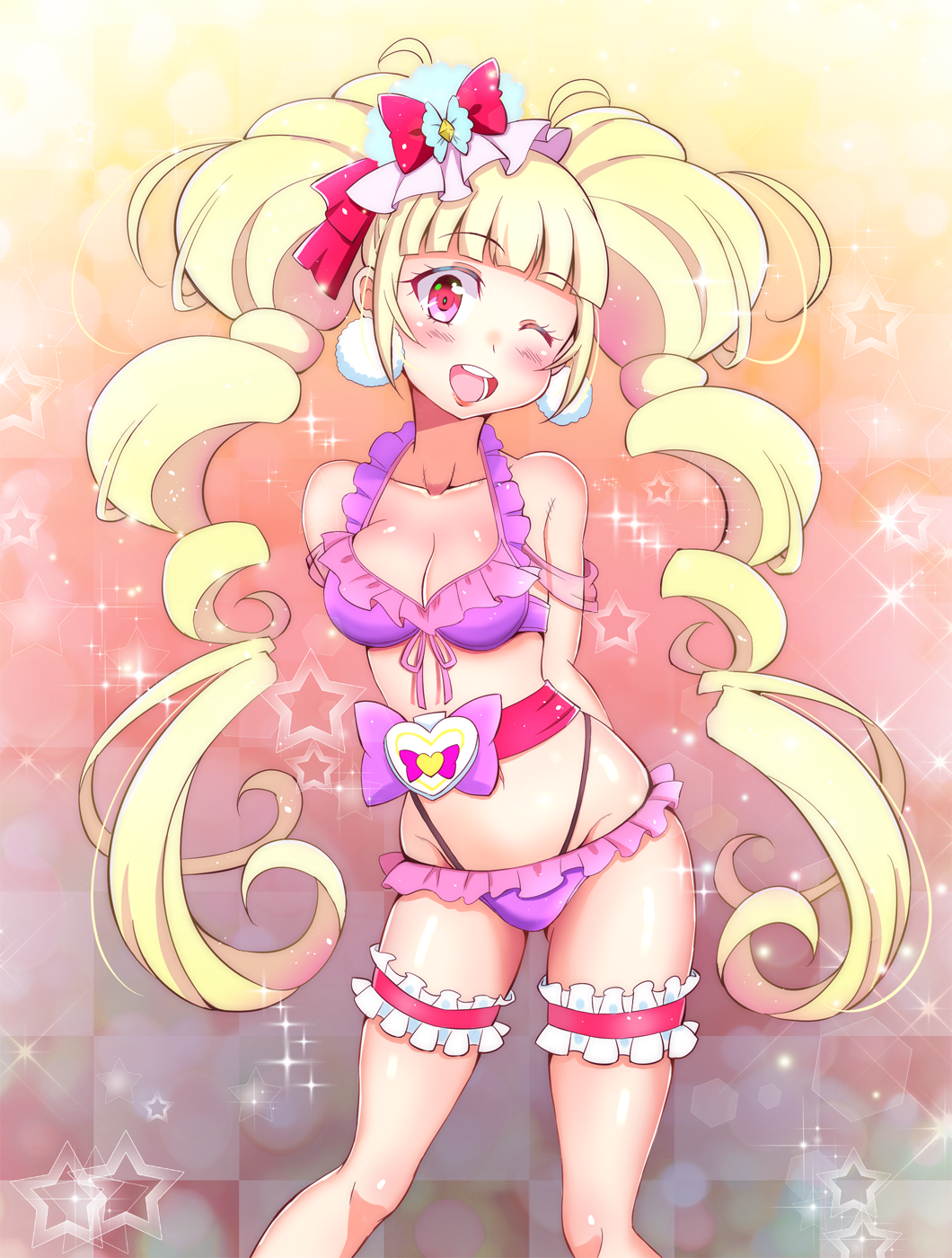 1girl ;d aisaki_emiru alternate_costume arms_behind_back bangs bikini blonde_hair blunt_bangs blush breasts checkered checkered_background cleavage commentary_request cure_macherie eyebrows_visible_through_hair frilled_bikini frills gradient gradient_background hair_ornament highres hugtto!_precure kaatsukun leg_garter long_hair looking_at_viewer magical_girl medium_breasts one_eye_closed open_mouth pink_bikini precure red_eyes smile solo sparkle standing star starry_background swimsuit twintails very_long_hair