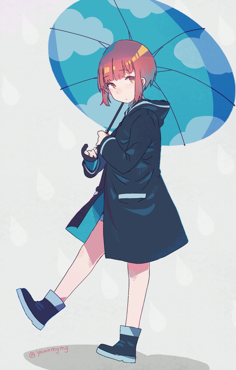 1girl blue_footwear blue_umbrella boots brown_eyes brown_hair grey_background highres kantai_collection looking_at_viewer raincoat rubber_boots short_hair simple_background solo twitter_username you_(yawnmgmg) z3_max_schultz_(kantai_collection)
