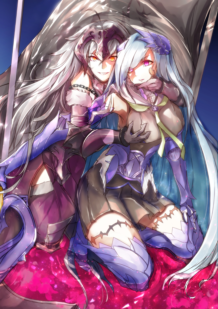 2girls ahoge armor armored_boots armored_dress bare_shoulders black_dress blue_hair boots breast_grab breasts brynhildr_(fate) chains commentary dress eyebrows_visible_through_hair fate/grand_order fate_(series) flag fur_trim gauntlets grabbing hair_ornament hair_over_one_eye hand_on_another's_face headpiece highres jeanne_d'arc_(alter)_(fate) jeanne_d'arc_(fate)_(all) kneeling large_breasts long_hair multiple_girls otsunabe_(naabe_delta) partially_submerged polearm seiza silver_hair sitting smile spear thigh-highs very_long_hair violet_eyes weapon yellow_eyes yuri