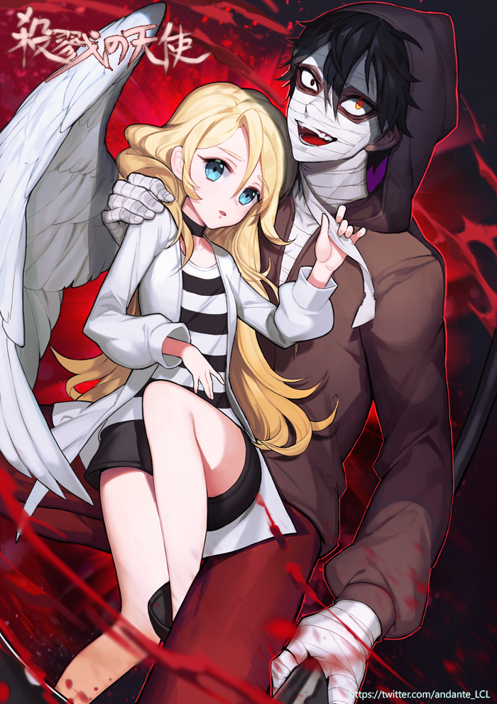 1boy 1girl andante bandage bandage_on_face blonde_hair blood blood_splatter blue_eyes crazy_eyes crazy_smile isaac_foster long_hair rachel_gardner satsuriku_no_tenshi twitter_username wings