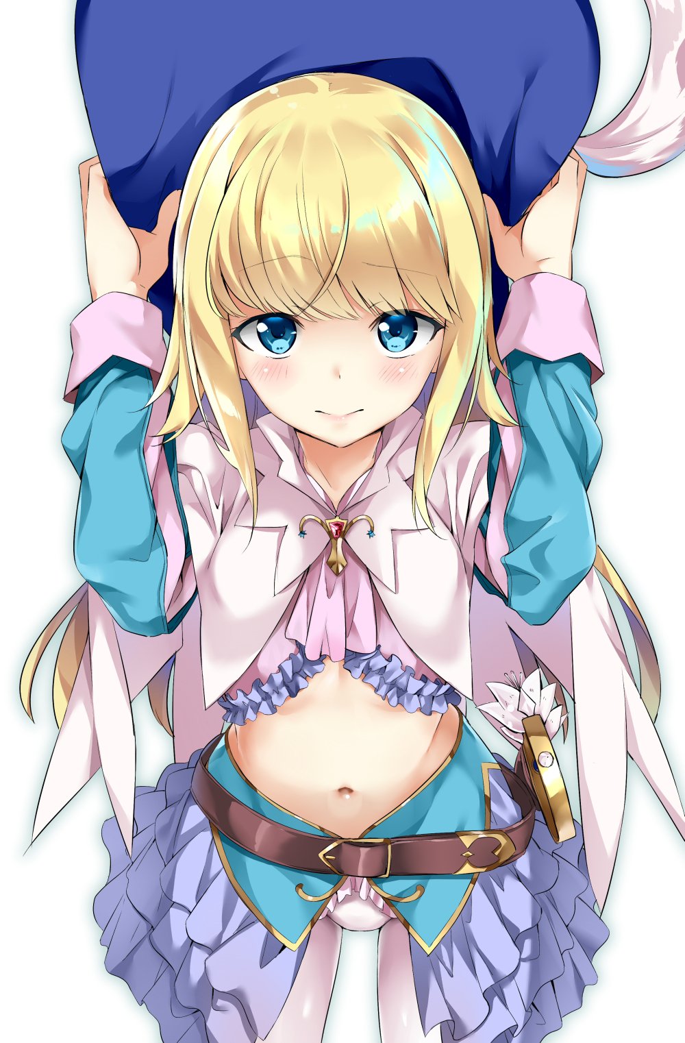 1other 3: androgynous belt blonde_hair blue_eyes blush chevalier_d'eon_(fate/grand_order) commentary_request fate/grand_order fate_(series) hands_on_headwear hat highres midriff navel nishimi_shin solo