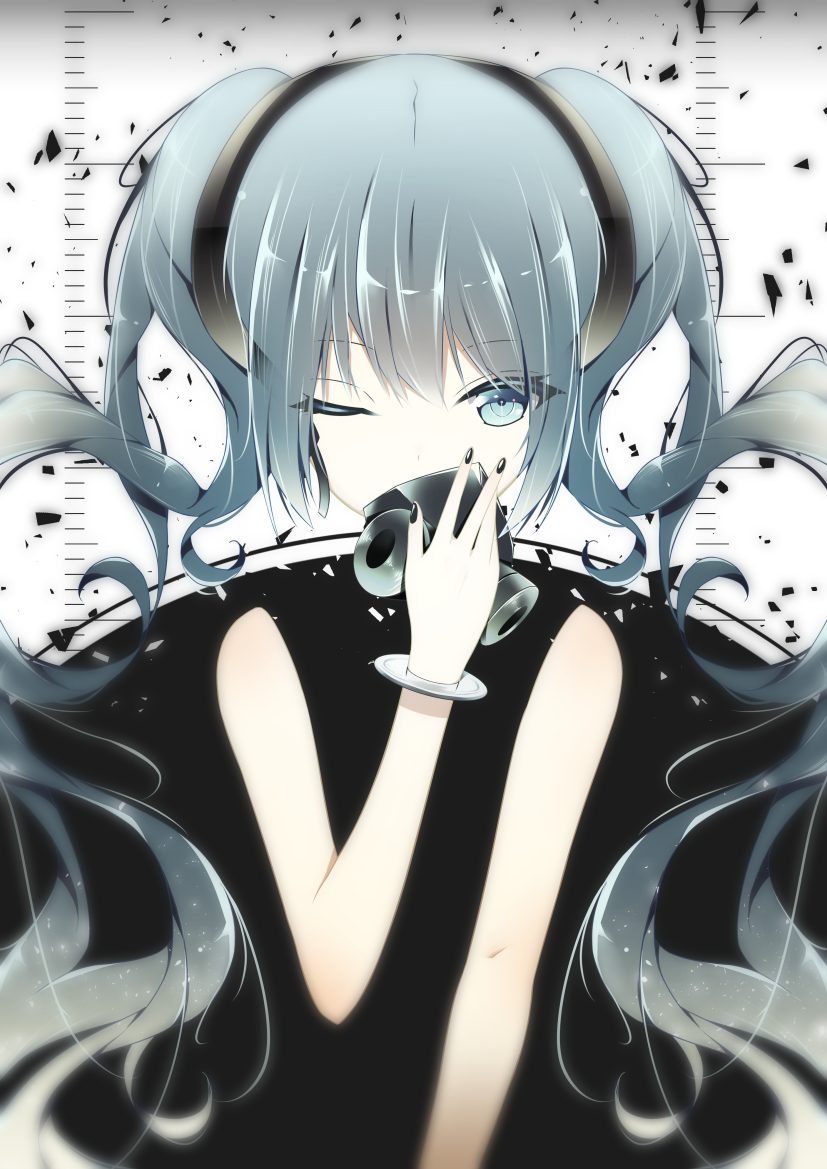 1girl bangs black_dress black_nails blue_eyes blue_hair bracelet dress eyebrows_visible_through_hair floating_hair giryu hair_between_eyes hair_ornament hatsune_miku holding jewelry limited_palette long_hair looking_at_viewer nail_polish one_eye_closed reversible_campaign_(vocaloid) sleeveless sleeveless_dress solo twintails upper_body very_long_hair vocaloid