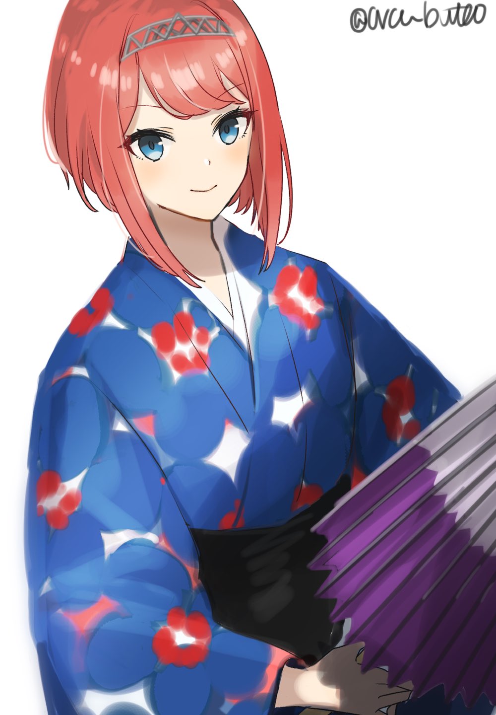 1girl ark_royal_(kantai_collection) bangs blue_eyes blue_kimono blunt_bangs bob_cut floral_print hairband highres japanese_clothes kantai_collection kimono looking_at_viewer obi print_kimono redhead sash short_hair simple_background solo twitter_username umbrella upper_body white_background yamashiki_(orca_buteo) yukata