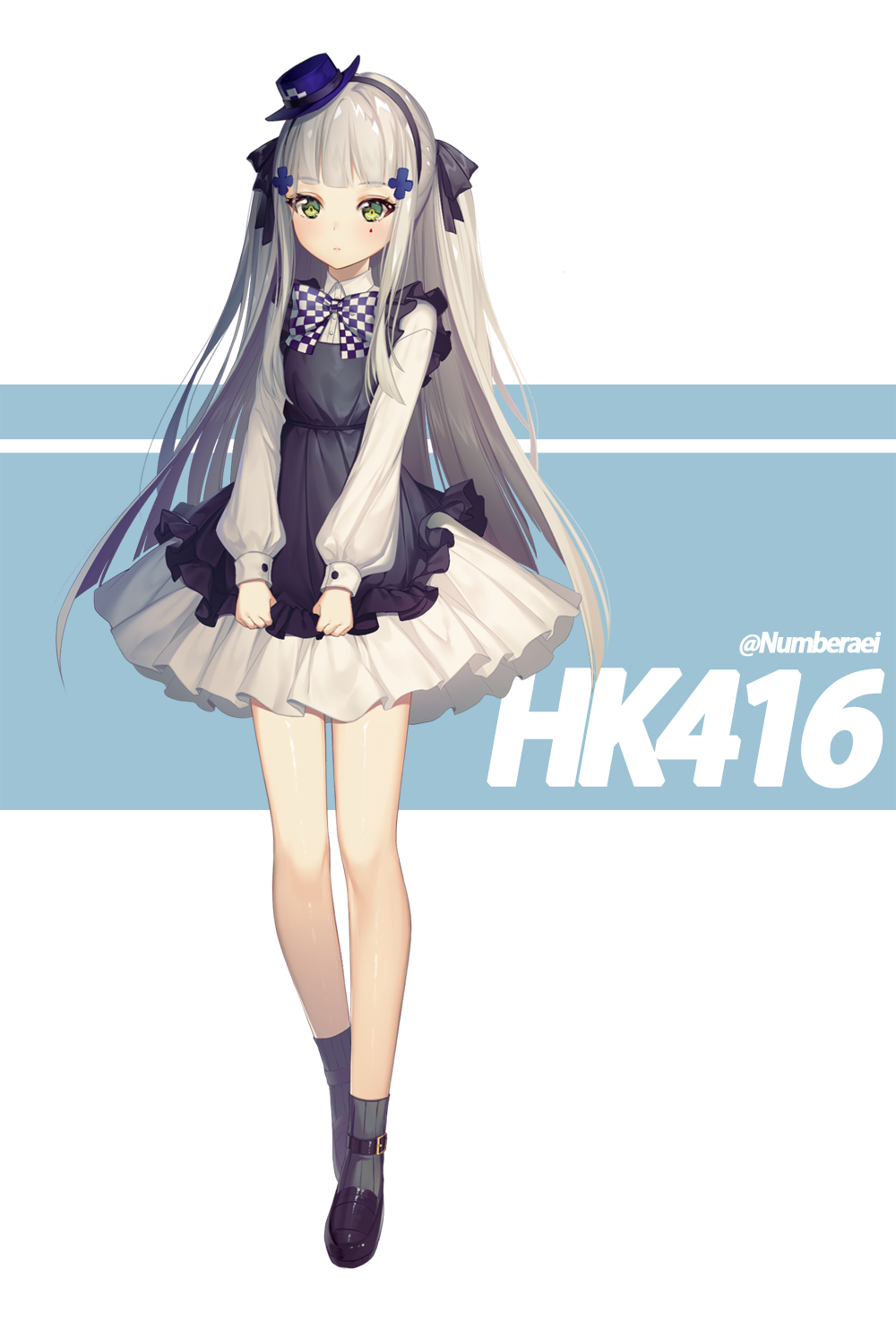 1girl alternate_costume alternate_hairstyle bangs black_ribbon blue_background blue_hat blush bow bowtie character_name checkered checkered_neckwear closed_mouth dress eyebrows_visible_through_hair facial_mark full_body girls_frontline green_eyes hair_ornament hair_ribbon hairband hat head_tilt highres hk416_(girls_frontline) light_particles loafers long_hair looking_at_viewer mini_hat no.aei puffy_sleeves purple_hat ribbed_legwear ribbon shoes sidelocks silver_hair skirt_hold socks solo standing teardrop thighs twintails twitter_username younger