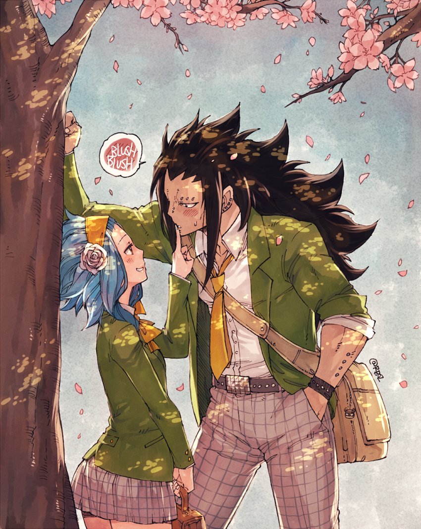 1boy 1girl a bag belt black_hair blazer blue_hair blush bow bowtie bracelet cherry_blossoms collarbone couple cowboy_shot dress_shirt eye_contact fairy_tail finger_to_another's_mouth flower gajeel_redfox green_blazer grey_pants grey_skirt grin hair_flower hair_ornament hand_in_pocket headband holding holding_bag index_finger_raised jacket jewelry leaning_forward levy_mcgarden long_hair looking_at_another miniskirt necktie open_blazer open_clothes open_jacket outdoors pantherlily pants pink_flower pleated_skirt rusky school_bag school_uniform shirt signature skirt smile standing sweatdrop very_long_hair white_flower white_shirt yellow_bow yellow_neckwear