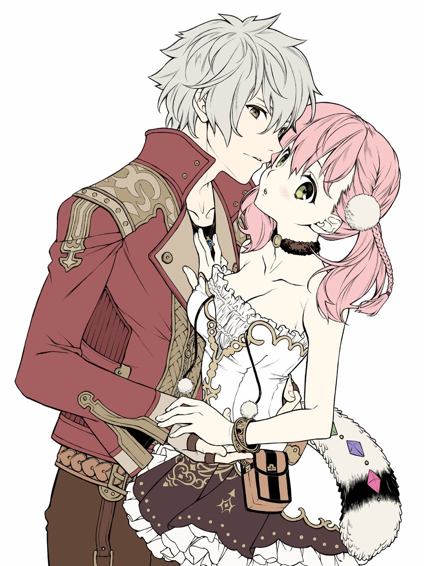 1boy 1girl :o atelier atelier_(series) atelier_escha_&amp;_logy bare_shoulders black_choker black_skirt blush breasts brown_pants cleavage commentary_request couple dress escha_malier frilled_skirt frills gem green_eyes grey_hair hand_on_another's_chest hetero imminent_kiss jacket jewelry logix_ficsario long_hair looking_at_viewer medium_breasts neck necklace pants pink_hair pom_pom_(clothes) red_jacket short_hair skirt standing strapless strapless_dress white_dress yuuki_mitsuru