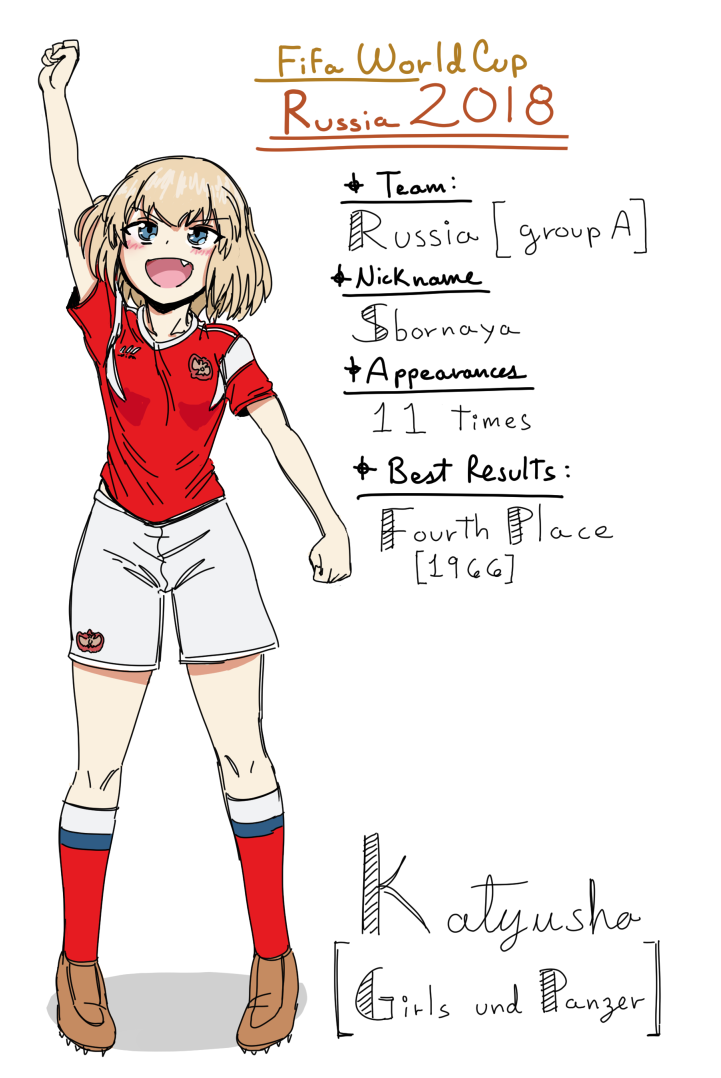 1girl 2018_fifa_world_cup bangs blonde_hair blue_eyes full_body girls_und_panzer happy jtsketch katyusha open_mouth russia short_hair smile soccer soccer_uniform solo world_cup