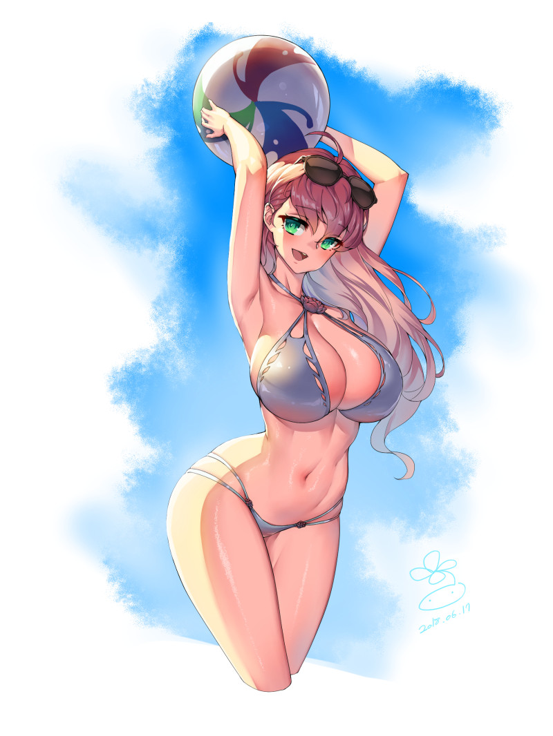 1girl armpits arms_up ball bare_shoulders beachball breasts brown_hair cleavage collarbone curvy dated eyewear_on_head green_eyes hips large_breasts long_hair original redhead signature slender_waist smile solo suerte sunglasses thighs wide_hips
