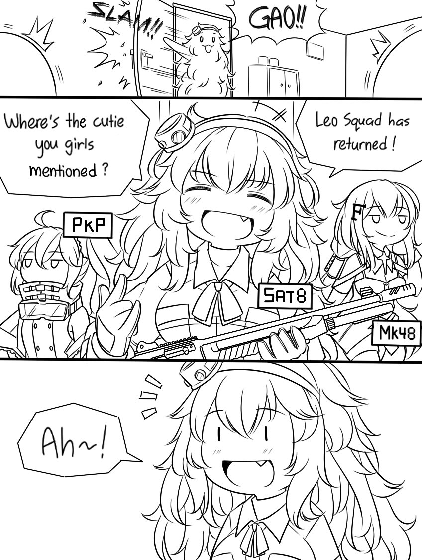 3girls :d english fang girls_frontline goggles goggles_around_neck guin_guin gun hair_ornament headband kantai_collection mk48_(girls_frontline) multiple_girls open_mouth opening_door pkp_(girls_frontline) s.a.t.8_(girls_frontline) shotgun slamming_door sleeveless smile surprised tagme weapon
