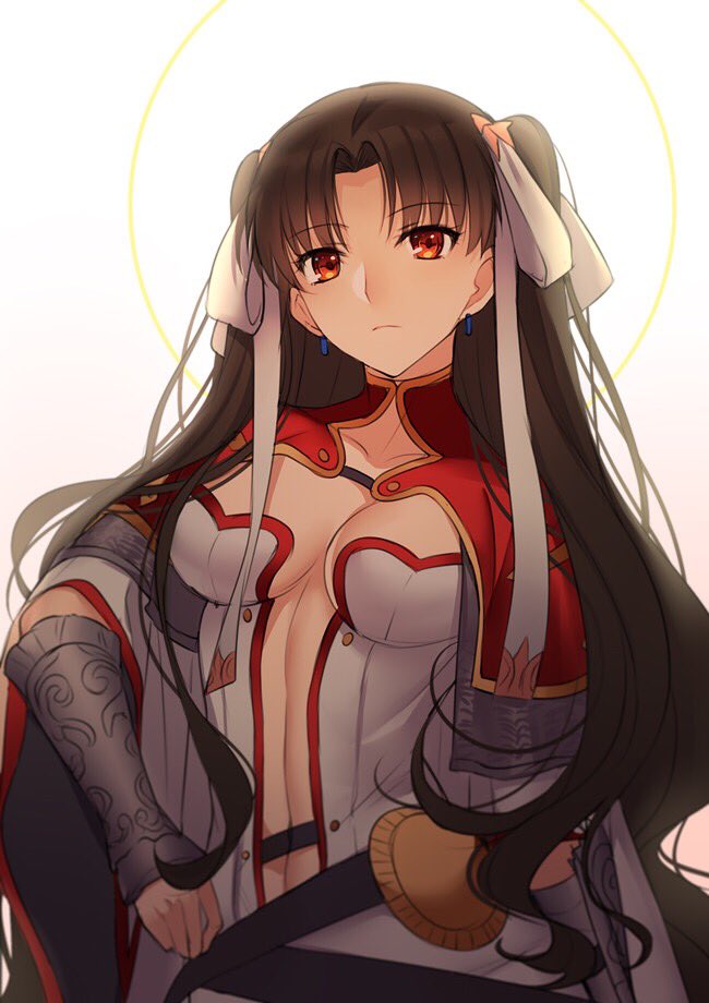 1girl bangs black_hair blue_earrings bracer breasts capelet center_opening cleavage closed_mouth collarbone commentary cosplay earrings eyebrows_visible_through_hair fate/grand_order fate_(series) hair_ribbon ishtar_(fate/grand_order) jewelry long_hair looking_at_viewer medium_breasts navel parted_bangs red_eyes ribbon saint_martha saint_martha_(cosplay) solo tohsaka_rin two_side_up upper_body white_background yaoshi_jun