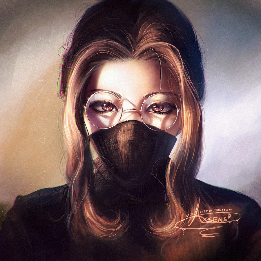 1girl alexandra_mae blonde_hair brown_eyes covered_mouth eyelashes face glasses mask original portrait realistic signature solo turtleneck two_side_up watermark web_address