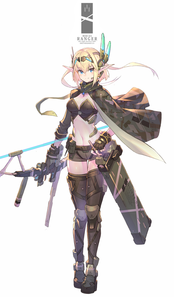 1girl arrow belt blonde_hair blue_eyes bow_(weapon) breasts camouflage_print cape cleavage compound_bow elf english fingerless_gloves gloves green_cape green_gloves green_legwear green_shorts headset holding holding_bow_(weapon) holding_weapon long_sleeves looking_at_viewer mecha_musume midriff nadare-san_(nadare3nwm) original platform_footwear pointy_ears quiver short_hair short_shorts shorts simple_background sleeves_rolled_up small_breasts solo text_focus thigh-highs utility_belt weapon white_background zettai_ryouiki
