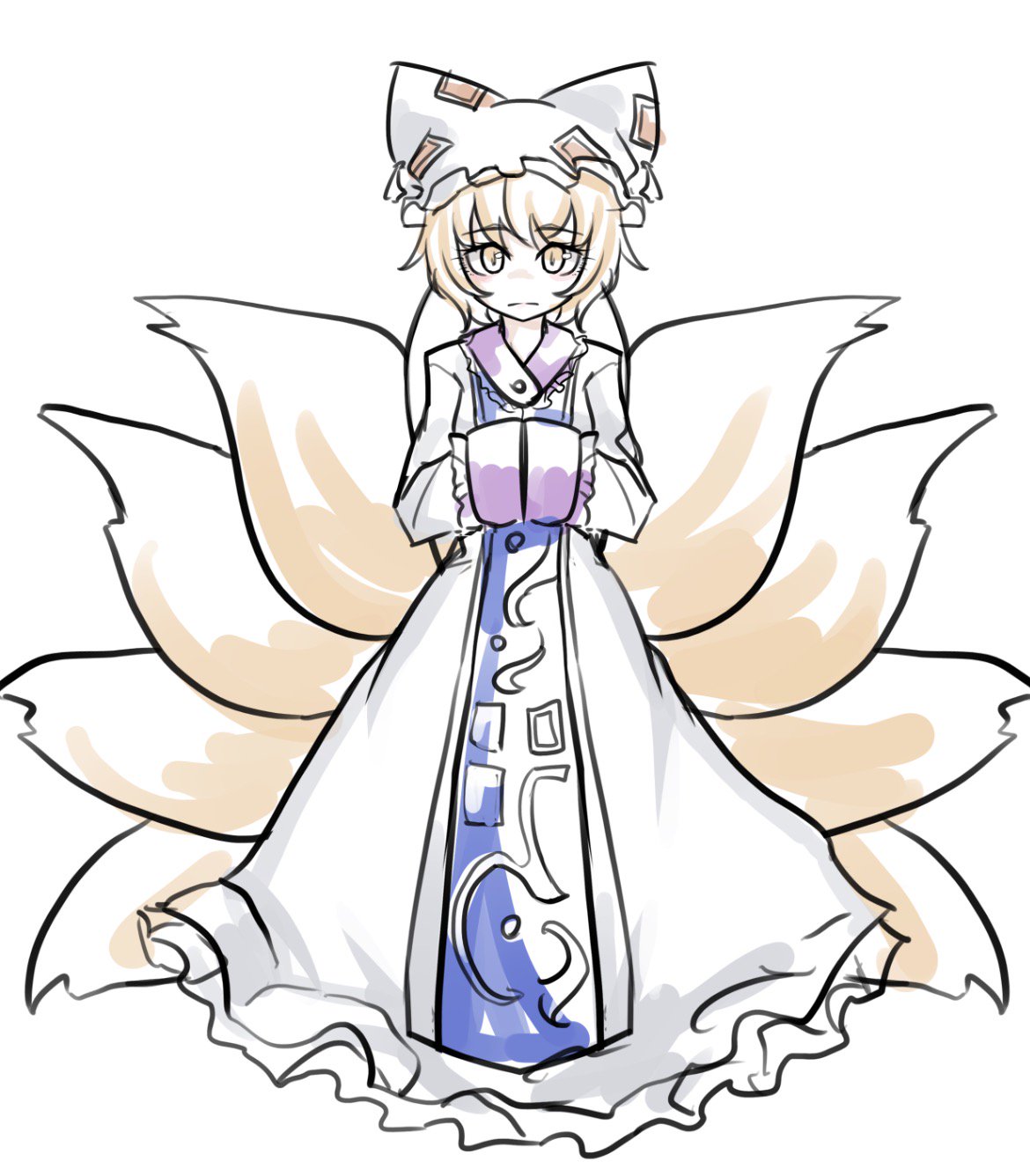 1girl animal_ears blonde_hair closed_mouth commentary_request dress eyebrows_visible_through_hair fox_ears fox_tail full_body hands_in_sleeves hat highres long_sleeves looking_at_viewer multiple_tails pillow_hat ray-k short_hair simple_background solo tabard tail touhou white_background white_dress yakumo_ran yellow_eyes