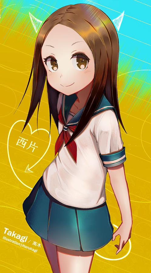 1girl artist_name bangs blue_skirt blush brown_eyes brown_hair character_name closed_mouth collarbone cowboy_shot demon_horns english from_side harukagi horns karakai_jouzu_no_takagi-san long_hair looking_at_viewer multicolored multicolored_background neckerchief parted_bangs parted_lips pleated_skirt school_uniform serafuku shirt short_sleeves skirt smile solo standing takagi-san white_shirt