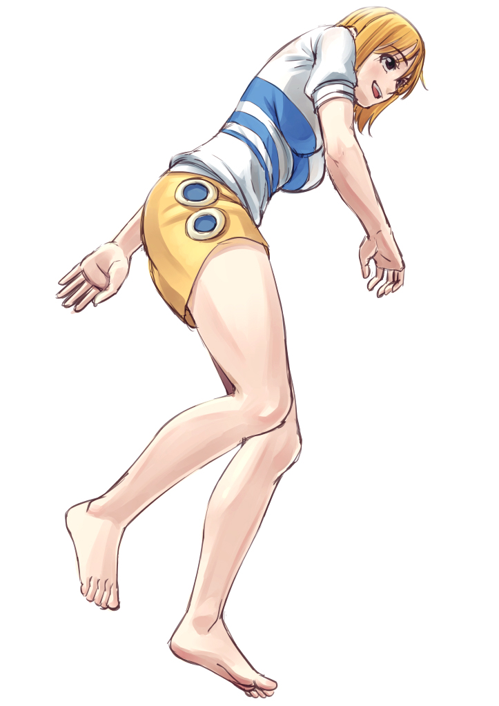 1girl :d barefoot breasts brown_eyes easy_(aqk7bdqt) full_body large_breasts nami_(one_piece) one_piece open_mouth orange_hair short_hair short_sleeves simple_background skirt smile solo white_background yellow_skirt