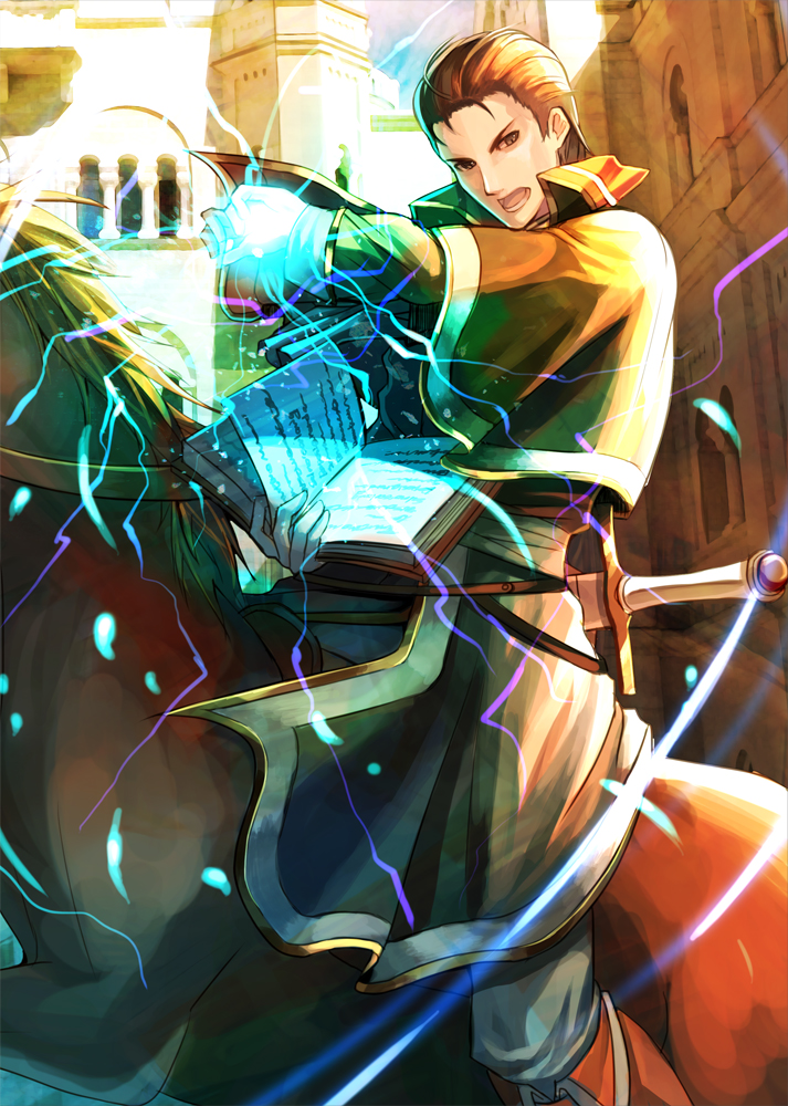 1boy black_hair book brown_eyes electricity fire_emblem fire_emblem:_thracia_776 gloves horse male_focus open_mouth reinhardt_(fire_emblem) shinrin_kusaba solo sword teeth weapon