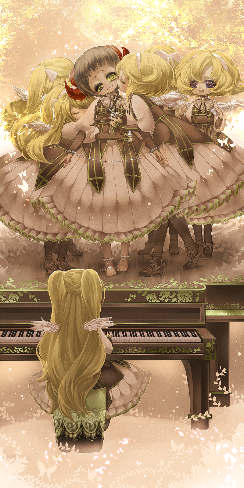 6+girls :d ankle_cuffs barefoot blonde_hair brown_footwear brown_hair brown_legwear brown_vest chains chino_machiko closed_eyes closed_mouth cuffs dress hairband handcuffs head_tilt high_heels highres horns hug instrument long_hair multiple_girls music open_mouth original pantyhose piano playing_instrument shoes short_hair sitting skirt smile standing twintails vest violet_eyes white_skirt white_wings wings yellow_eyes