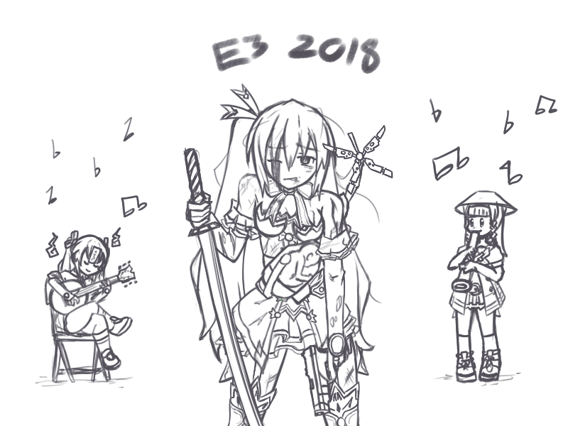 3girls blood bloody_weapon commentary death_stranding drawfag e3 fetus flute greyscale guitar gun holding holding_weapon injury instrument k-sha katana monochrome multiple_girls neptune_(series) noire parody sword twintails uni_(choujigen_game_neptune) weapon