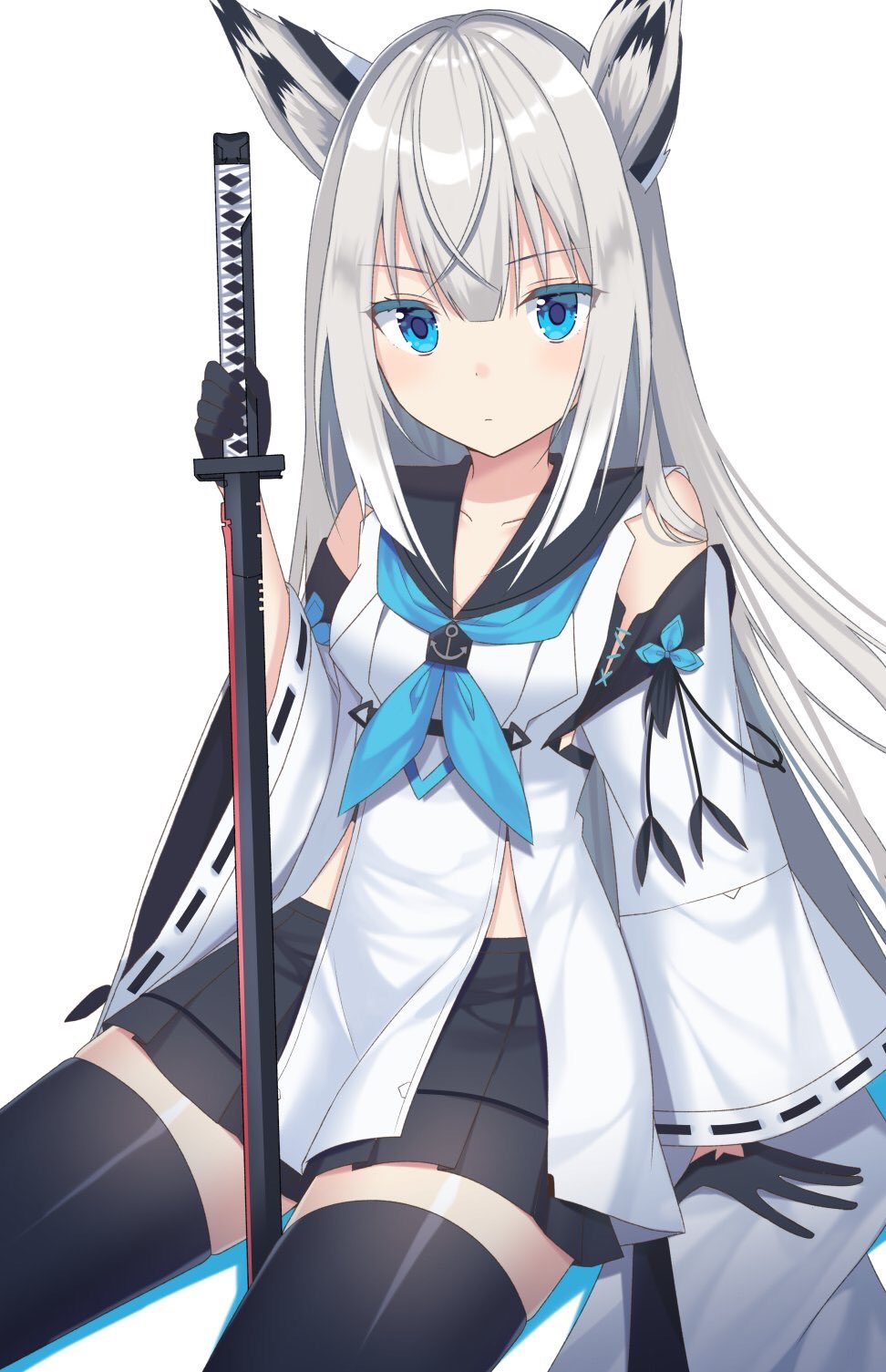 1girl animal_ears azur_lane black_gloves black_legwear black_skirt blue_eyes blue_neckwear breasts eyebrows_visible_through_hair gloves grey_hair highres holding holding_sword holding_weapon izumo_neru kawakaze_(azur_lane) long_hair looking_at_viewer medium_breasts neckerchief sitting skirt solo sword thigh-highs weapon