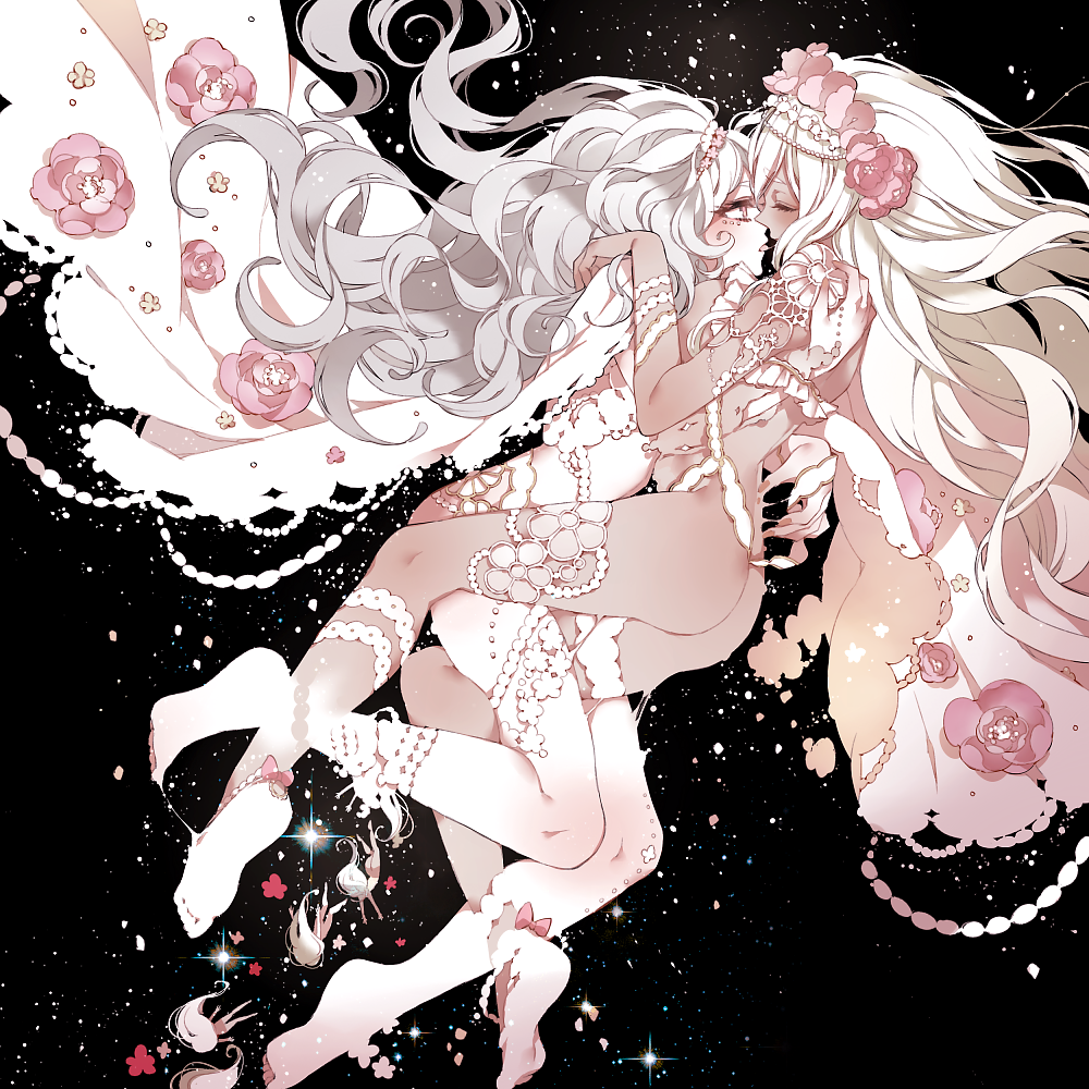 2girls ankleband ass black_background blonde_hair cape chino_machiko closed_eyes eye_contact flower from_side grey_hair long_hair looking_at_another multiple_girls original pink_flower pink_rose rose sparkle thigh-highs tongue tongue_out very_long_hair white_cape white_legwear yuri