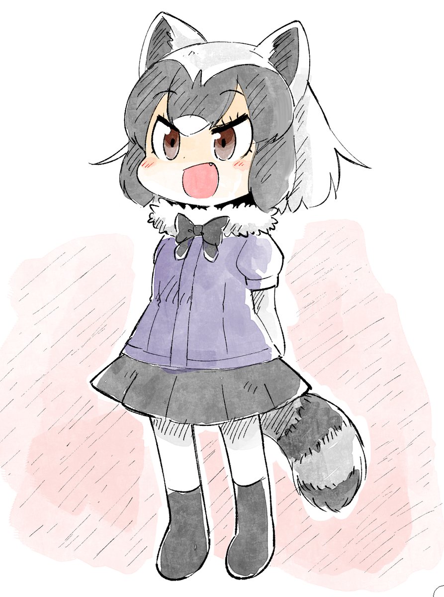 1girl :d animal_ears arms_behind_back black_footwear black_neckwear black_skirt blouse blue_blouse blush boots bow bowtie brown_eyes chibi common_raccoon_(kemono_friends) full_body fur_collar grey_hair highres kemono_friends multicolored_hair open_mouth panzuban puffy_short_sleeves puffy_sleeves raccoon_ears raccoon_tail short_hair short_sleeves skirt smile solo tail tsurime white_background white_legwear