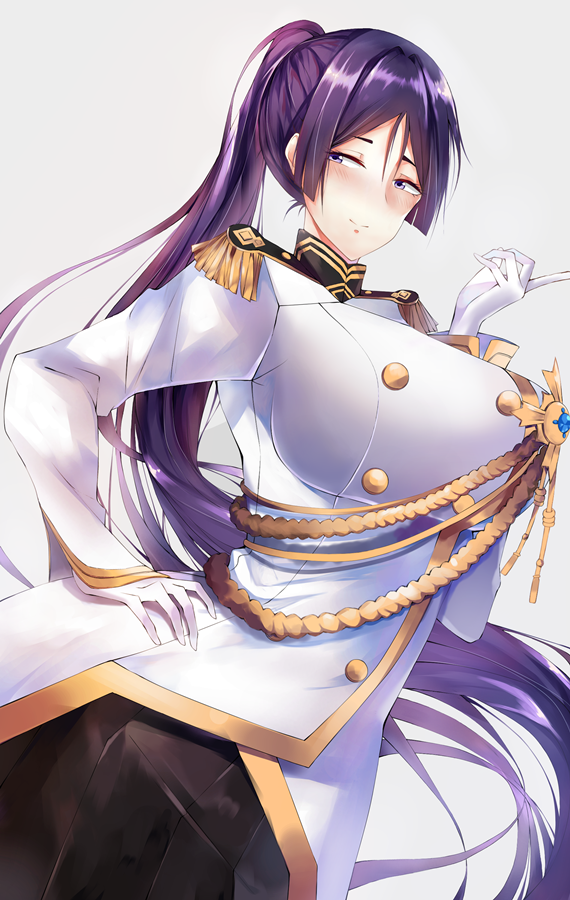 1girl aiguillette artist_request bangs black_skirt blush breasts buttons closed_mouth cosplay epaulettes fate/extella fate/extella_link fate/extra fate/grand_order fate_(series) gloves hand_on_hip huge_breasts jacket jewelry long_hair medal military_jacket minamoto_no_raikou_(fate/grand_order) parted_bangs pendant purple_hair scathach_(fate/grand_order) scathach_(fate/grand_order)_(cosplay) simple_background skirt smile solo very_long_hair violet_eyes white_gloves white_jacket