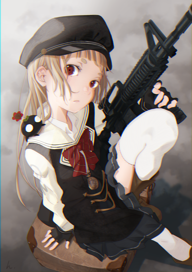 1girl assault_rifle blonde_hair cabbie_hat fingerless_gloves gloves gun hat himaro holding holding_gun holding_weapon leg_up long_hair m4_carbine original red_eyes rifle sitting solo suitcase thick_eyebrows thigh-highs weapon white_legwear