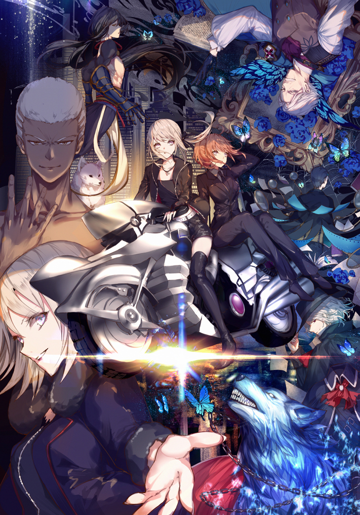 3girls 5boys ahoge artoria_pendragon_(all) black_footwear black_hair black_hat black_jacket black_neckwear black_pants black_ribbon black_shirt black_shorts blonde_hair boots bug butterfly character_request dark_skin fate/grand_order fate_(series) floating_hair formal fujimaru_ritsuka_(female) grey_eyes grey_shirt ground_vehicle hair_ribbon hand_on_head hat insect jacket jeanne_d'arc_(alter)_(fate) jeanne_d'arc_(fate)_(all) jewelry kinokohime long_hair looking_at_viewer motor_vehicle multiple_boys multiple_girls necklace necktie open_clothes open_jacket outstretched_arm pant_suit pants parted_lips pixiv_fate/grand_order_contest_2 ponytail red_eyes ribbon riding saber_alter shirt short_hair short_shorts shorts silver_hair smile suit thigh-highs thigh_boots very_long_hair wolf yellow_eyes
