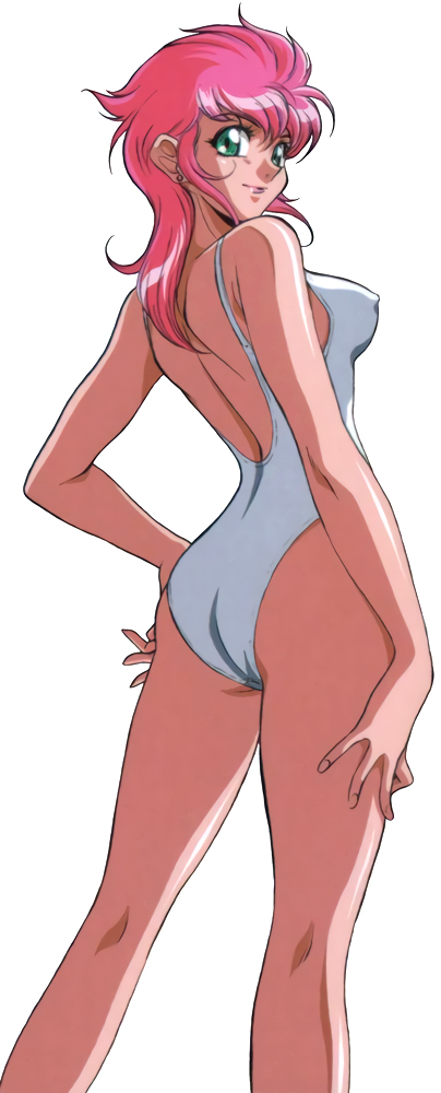 1girl ass copyright_request erect_nipples green_eyes hand_on_hip hand_on_thigh long_hair looking_at_viewer oldschool one-piece_swimsuit pink_hair simple_background smile solo swimsuit white_background white_swimsuit