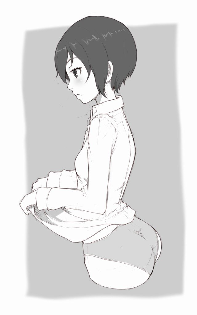 1girl ass bangs closed_mouth commentary_request cowboy_shot cropped_legs crotch_seam dress_shirt from_side greyscale ina_(gokihoihoi) kino kino_no_tabi light_frown monochrome no_pants outside_border panties shirt shirt_lift short_hair solo standing underwear