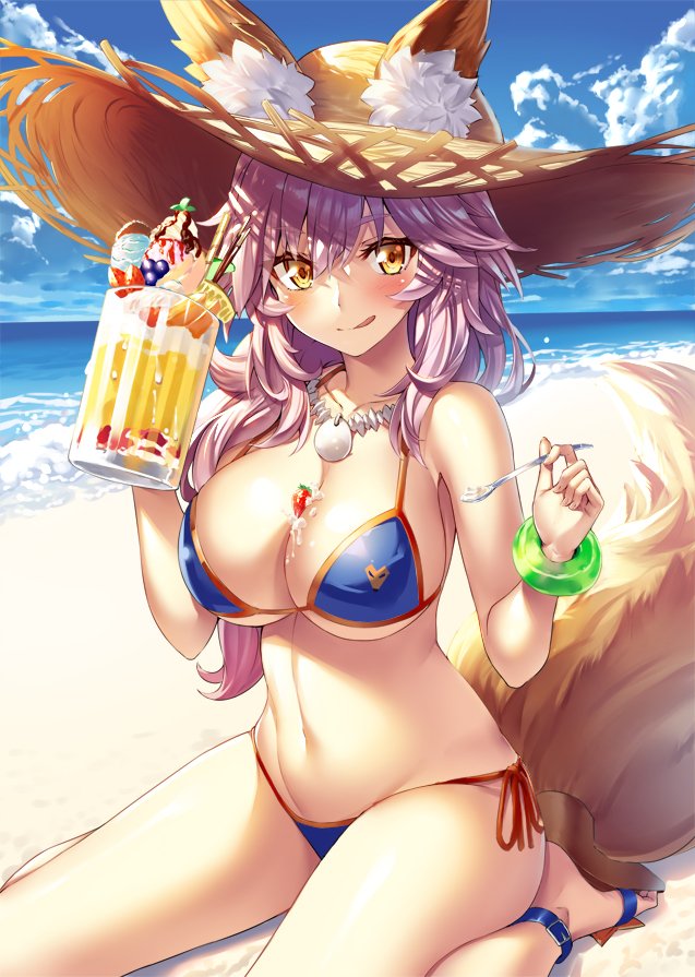 1girl :q animal_ears bangle barefoot beach bikini blue_sky blurry blush bracelet breasts cleavage clouds collarbone cup depth_of_field erect_nipples eyebrows_visible_through_hair fate/grand_order fate_(series) food fox_ears fox_tail fruit groin hair_between_eyes hat heirou holding holding_cup holding_spoon ice_cream jewelry large_breasts looking_at_viewer messy_hair mug navel necklace ocean pink_hair sand seiza side-tie_bikini sitting skindentation sky smile solo spoon stomach straw_hat strawberry sundae swimsuit tail tamamo_(fate)_(all) tamamo_no_mae_(swimsuit_lancer)_(fate) thighs tongue tongue_out waves wet yellow_eyes