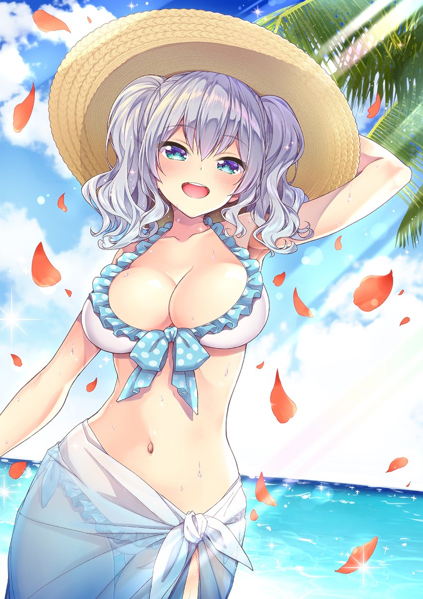 1girl armpits beach bikini blue_bikini_bottom blue_eyes blush breasts cleavage clouds collarbone day falling_leaves frilled_bikini frills front-tie_bikini front-tie_top hakui_ami hand_on_headwear hat highres kantai_collection kashima_(kantai_collection) large_breasts leaf looking_at_viewer medium_hair navel ocean open_mouth outdoors sarong side-tie_bikini silver_hair solo sparkle sun_hat swimsuit teeth tree twintails upper_body white_bikini_top