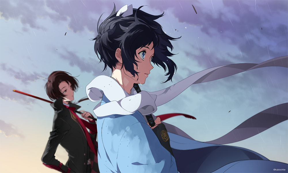 2boys blue_eyes blue_hair brown_hair clouds cloudy_sky dalc_rose hair_ribbon holding holding_sword holding_weapon japanese_clothes kashuu_kiyomitsu katana kimono male_focus multiple_boys outdoors ponytail rain red_eyes ribbon scarf sky sword touken_ranbu twitter_username uchigatana weapon wet wet_face wet_hair wind yamato-no-kami_yasusada