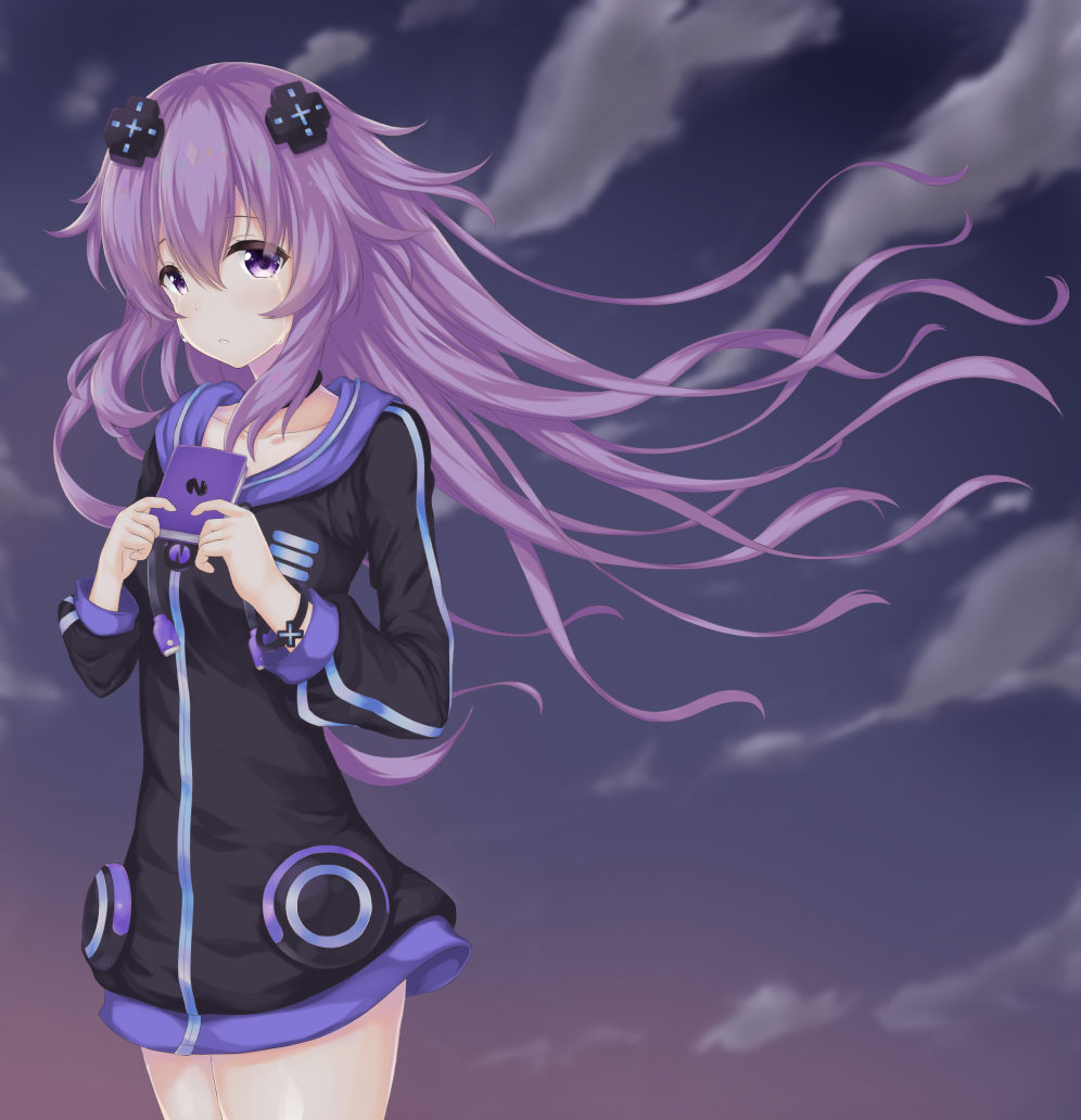 1girl adult_neptune clouds cloudy_sky collarbone commentary commentary_request cowboy_shot crying crying_with_eyes_open d-pad d-pad_hair_ornament evening frown hair_between_eyes hair_ornament hinakurukuru holding_notepad hood hooded_jacket jacket long_hair looking_at_viewer neptune_(series) notepad outdoors purple_hair shin_jigen_game_neptune_vii sky solo tears violet_eyes