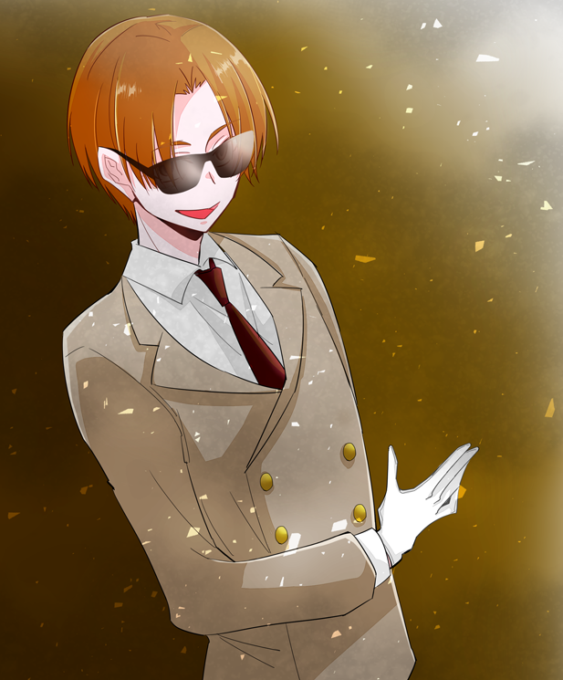 1boy brown_background fate_(series) formal gloves gradient gradient_background hair_intakes koha-ace male_focus maxwell's_demon_(fate) necktie open_mouth orange_hair red_neckwear smile solo souta_(souta3a) suit sunglasses upper_body white_gloves