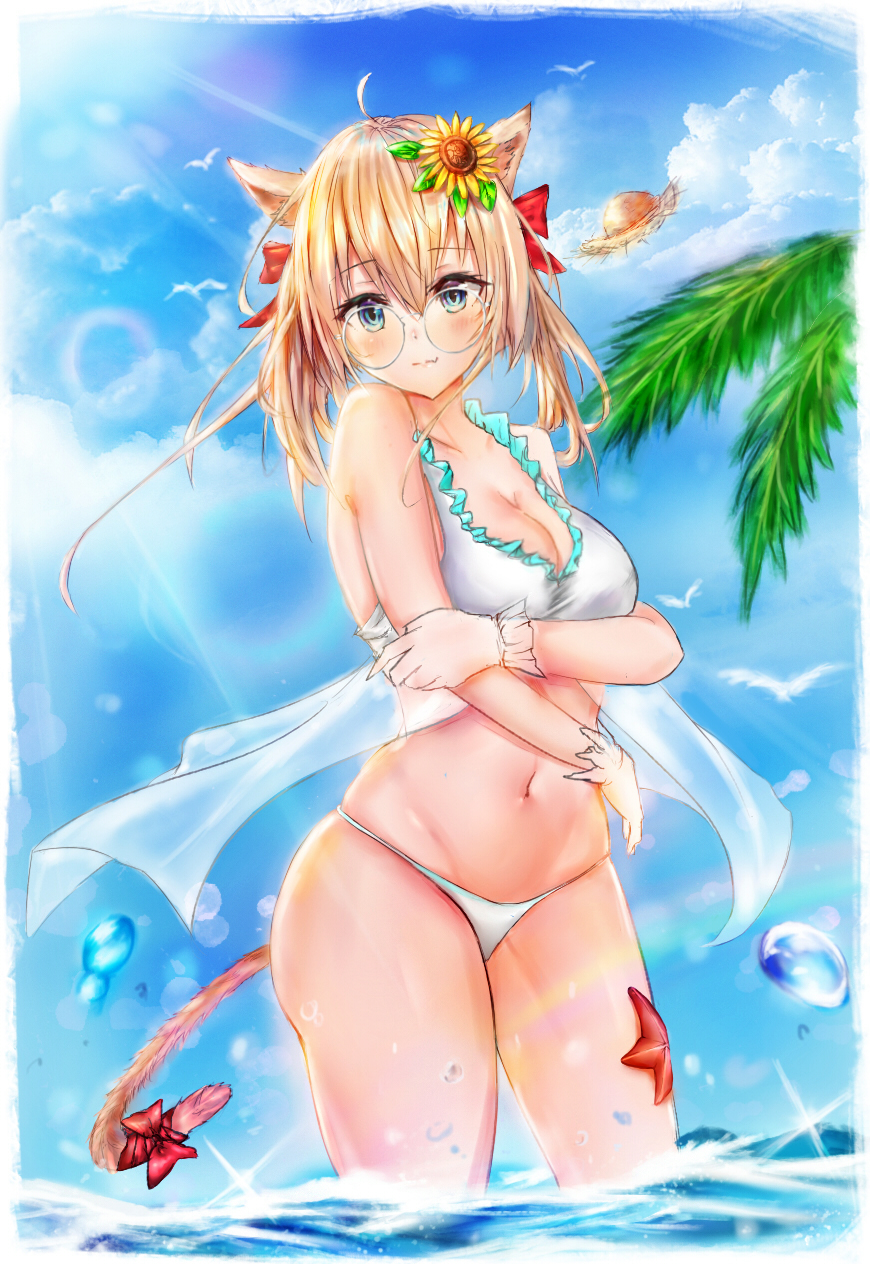 animal_ears beach bikini blonde_hair blue_eyes blue_sky blush bow breasts cat_ears cleavage clouds day droplet final_fantasy final_fantasy_xiv flower glasses groin hair_bow hair_flower hair_ornament hat hat_removed headwear_removed highres looking_at_viewer luminous medium_hair miqo'te navel outdoors sky standing starfish straw_hat sunflower_hair_ornament sunlight swimsuit tail tree wading wavy_mouth white_bikini