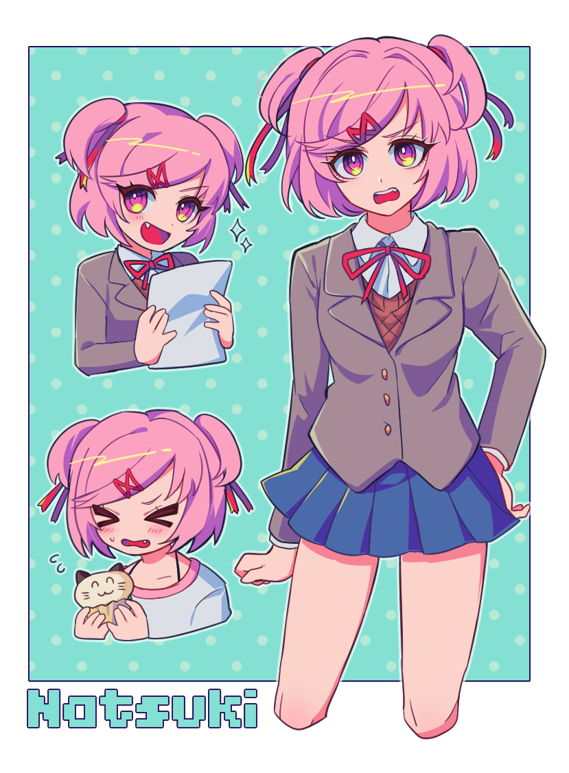 &gt;_&lt; 1girl :d blue_skirt border character_name cropped_legs cupcake doki_doki_literature_club eyebrows_visible_through_hair eyes_visible_through_hair fang food hair_ornament hair_ribbon hairclip hand_on_hip looking_at_viewer multiple_views natsuki_(doki_doki_literature_club) open_mouth paper pink_eyes pink_hair pleated_skirt polka_dot polka_dot_background red_ribbon ribbon sasakama_(sasagaki01) school_uniform short_hair simple_background skirt smile sparkle two_side_up