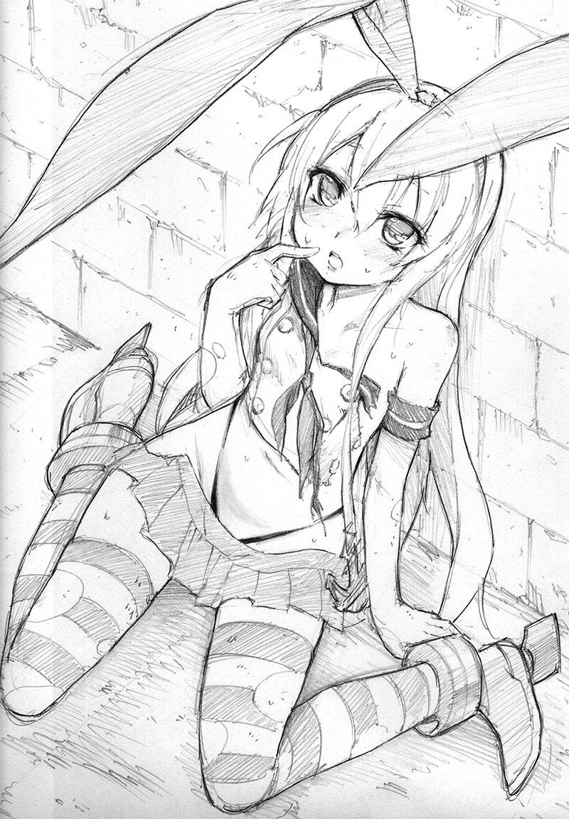 1girl alphy anchor_hair_ornament bangs black_panties breasts brick_wall crop_top elbow_gloves eyebrows_visible_through_hair finger_to_mouth gloves graphite_(medium) hair_between_eyes hair_ornament hairband hatching_(texture) highleg highleg_panties horizontal-striped_legwear horizontal_stripes kantai_collection long_hair looking_at_viewer looking_up microskirt midriff navel off_shoulder open_mouth panties rudder_shoes sailor_collar school_uniform serafuku shimakaze_(kantai_collection) sitting sketch skirt small_breasts solo striped striped_legwear thigh-highs thong torn_clothes traditional_media underwear wariza wide_hips