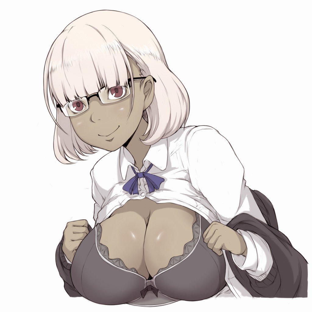 1girl bangs black_sweater blue_neckwear blunt_bangs bob_cut bow bow_bra bra breasts brown_bra brown_eyes cleavage collared_shirt commentary_request dark_skin frilled_bra frills ina_(gokihoihoi) large_breasts leaning_forward long_sleeves looking_at_viewer neck_ribbon off_shoulder open_clothes open_shirt original over-rim_eyewear rectangular_eyewear ribbon semi-rimless_eyewear shirt silver_hair simple_background solo sweater underwear white_background