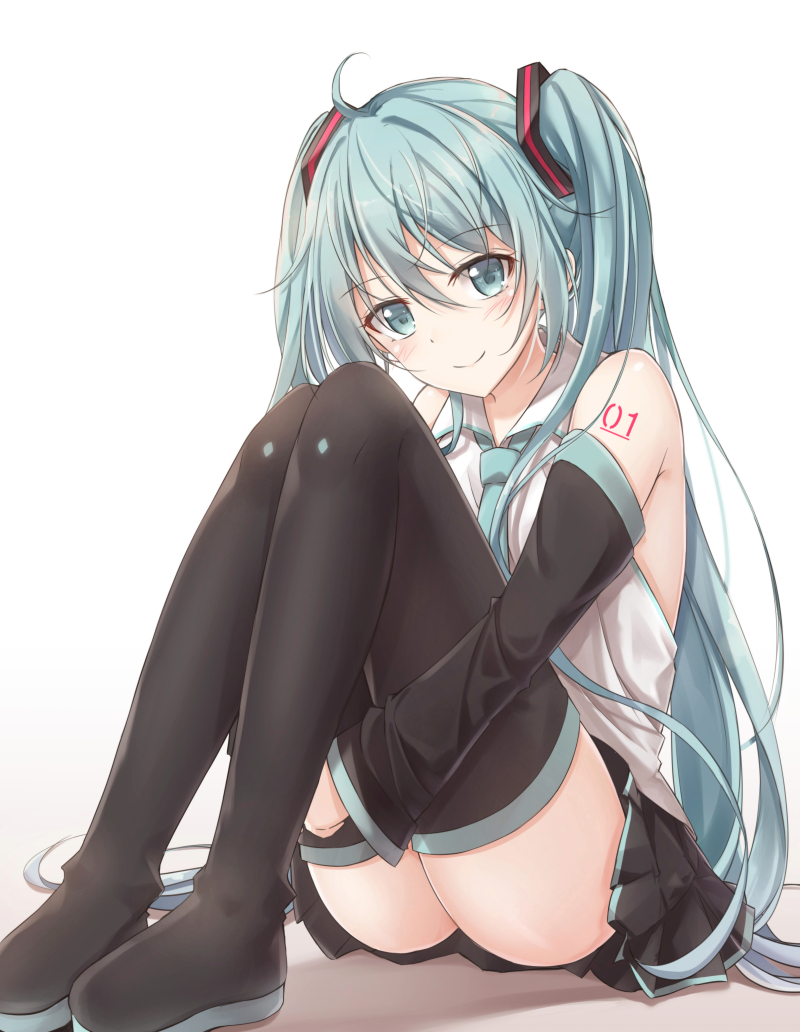 1girl ahoge aqua_eyes aqua_hair boots detached_sleeves full_body hatsune_miku leg_hug long_hair looking_at_viewer necktie simple_background sitting skirt smile solo thigh-highs thigh_boots twintails very_long_hair vocaloid white_background