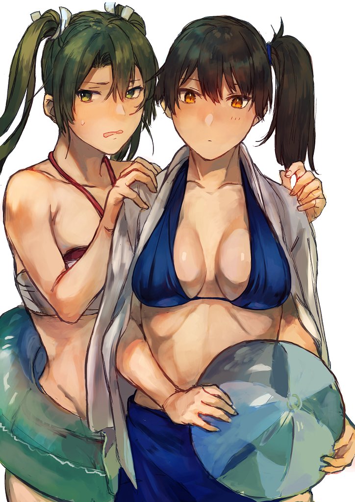 2girls ball beachball bikini blush breasts brown_hair cleavage fukazaki innertube kaga_(kantai_collection) kantai_collection multiple_girls shirt side_ponytail swimsuit twintails yellow_eyes zuikaku_(kantai_collection)