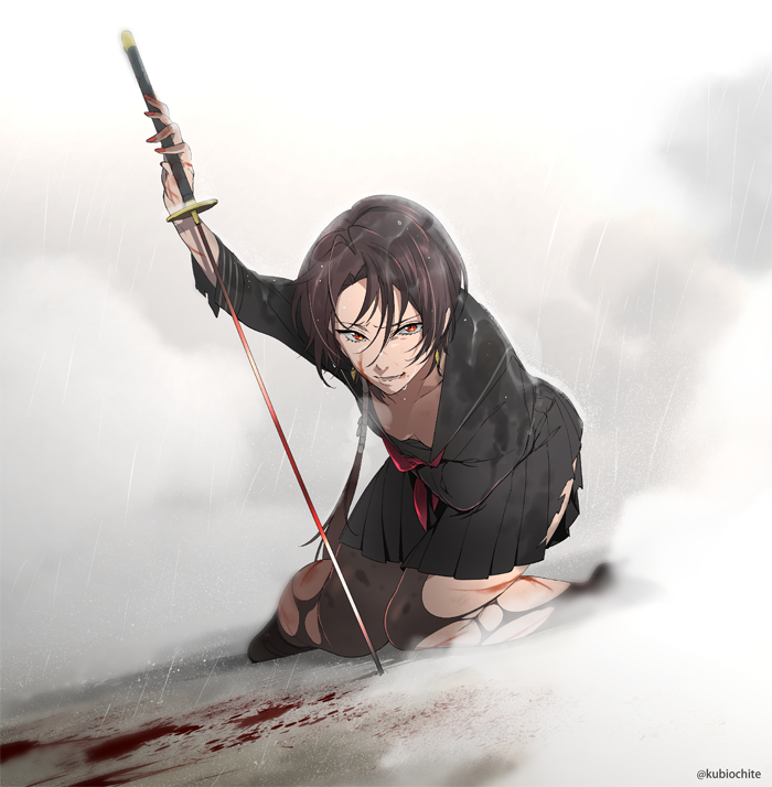 1girl blood blood_on_face breasts brown_hair cleavage dalc_rose earrings genderswap genderswap_(mtf) jewelry kashuu_kiyomitsu long_hair nail_polish pantyhose rain red_eyes school_uniform solo sword torn_clothes torn_pantyhose touken_ranbu twitter_username uchigatana weapon wet wet_clothes wet_hair