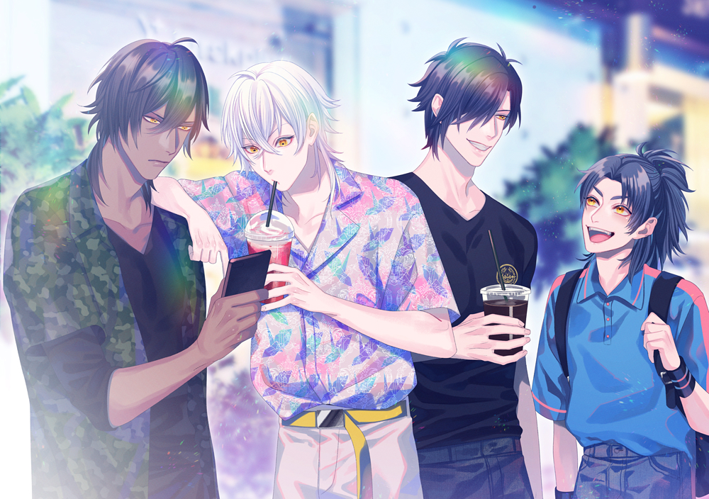 4boys :d backpack bag belt black_hair blue_shirt blurry blurry_background brown_eyes cellphone dark_skin denim drink drinking drinking_straw hair_between_eyes hair_over_one_eye kurakichi36 looking_at_another male_focus multiple_boys open_mouth orange_eyes original outdoors pants parted_lips phone ponytail shirt smartphone smile standing white_hair wristband