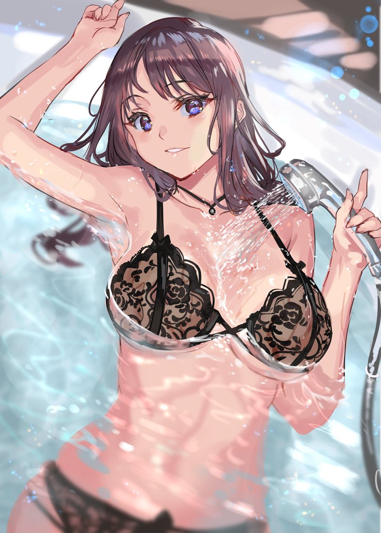 1girl bathtub breasts brown_hair collarbone commentary cowboy_shot jewelry large_breasts necklace open_mouth original panties ran'ou_(tamago_no_kimi) shower_head showering solo underwear wet wet_bra wet_clothes wet_hair wet_panties