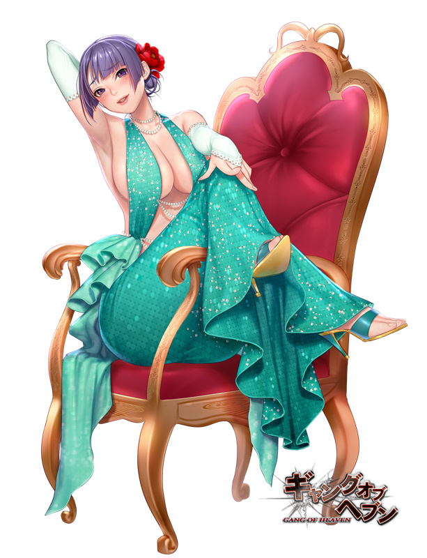 1girl aqua_dress aqua_footwear arm_up arm_warmers armpits breasts chair copyright_name dress flower gang_of_heaven hair_flower hair_ornament hand_on_own_knee high_heels knees_up large_breasts looking_at_viewer masami_chie official_art open_mouth purple_hair see-through sideboob sitting violet_eyes watermark