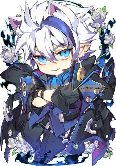 animal_ears blue_eyes cat_ears chibi ciel_(elsword) dreadlord_(elsword) elsword flower pika_(kai9464) pointy_ears tagme