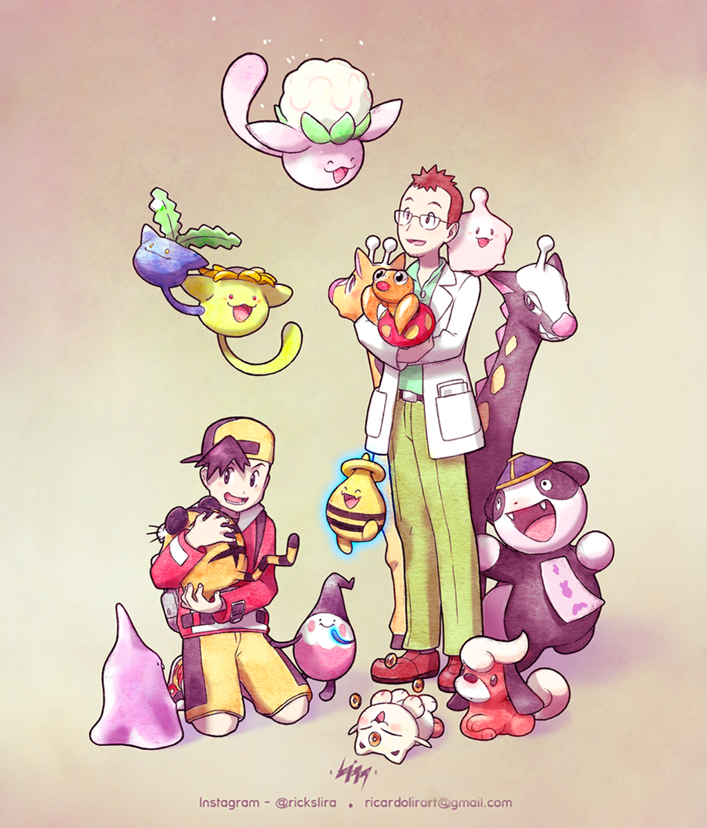 2boys :d animon backwards_hat ballerina_(pokemon) baseball_cap bear beta_pokemon black_hair brown_background brown_hair cleffa_(beta) commentary creature elebaby english_commentary evil_smile fangs girafarig_(beta) glasses gold_(pokemon) haneko_(pokemon) happy hat highres holding holding_pokemon jiangshi kneeling koonya kyonpan labcoat lying multiple_boys multiple_heads on_back open_mouth para_(pokemon) pokemon pokemon_(creature) pokemon_gsc_beta poponeko pudii rickslira shoes smile tumblr_username utsugi_(pokemon)