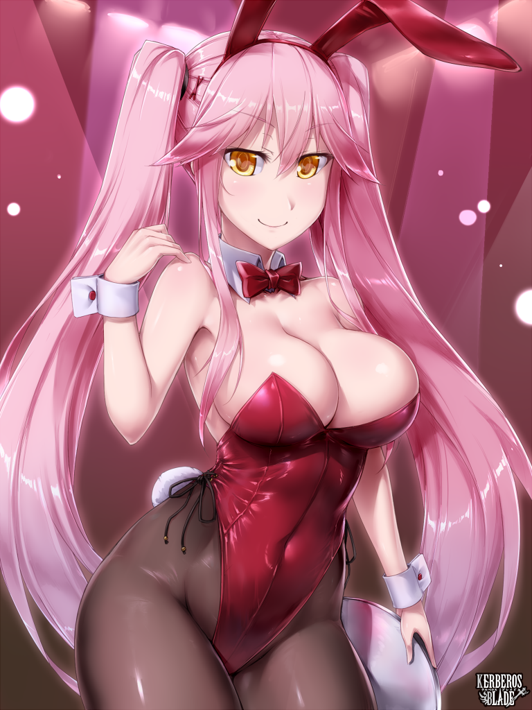 1girl animal_ears black_legwear bow bowtie breasts bunny_girl bunny_tail bunnysuit character_request cleavage cocytus_(wind_master) cowboy_shot detached_collar kerberos_blade large_breasts leotard long_hair looking_at_viewer pantyhose pink_hair rabbit_ears red_leotard red_neckwear smile solo strapless strapless_leotard tail wrist_cuffs yellow_eyes
