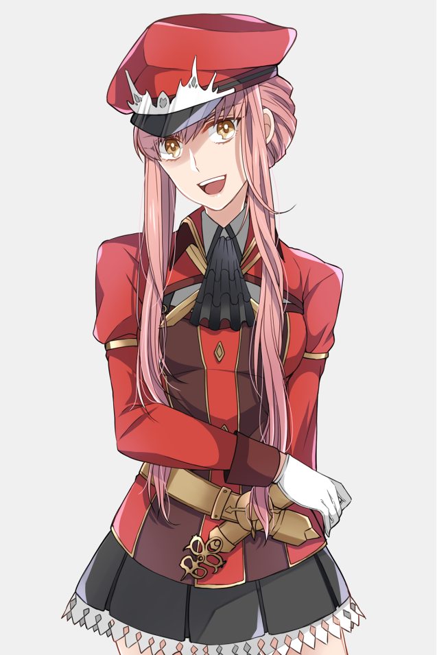 1girl :d alluring_chief_warden_look arms_behind_back bangs belt commentary_request cowboy_shot fate/grand_order fate_(series) gloves hat long_hair looking_at_viewer medb_(fate/grand_order) military military_uniform miniskirt open_mouth peaked_cap pink_hair pleated_skirt red_hat simple_background skirt smile solo suzuko_(star8383) uniform white_gloves yellow_eyes