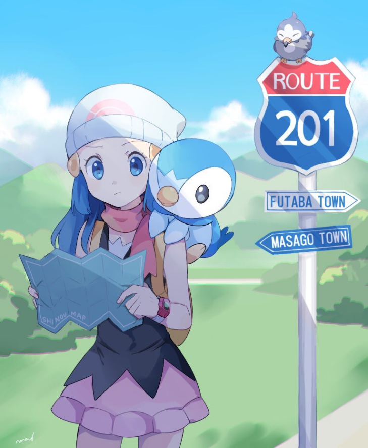 1girl :/ artist_name bare_arms beanie black_shirt blue_eyes blue_hair blue_sky bush closed_eyes closed_mouth clouds commentary cowboy_shot day english_commentary gen_4_pokemon hat hikari_(pokemon) hill holding holding_map long_hair looking_down map mei_(maysroom) mountain path pink_scarf pink_skirt piplup pokemon pokemon_(game) pokemon_dppt pokemon_on_shoulder poketch road road_sign scarf shade shirt sign signature skirt sky sleeveless sleeveless_shirt standing starly watch white_hat